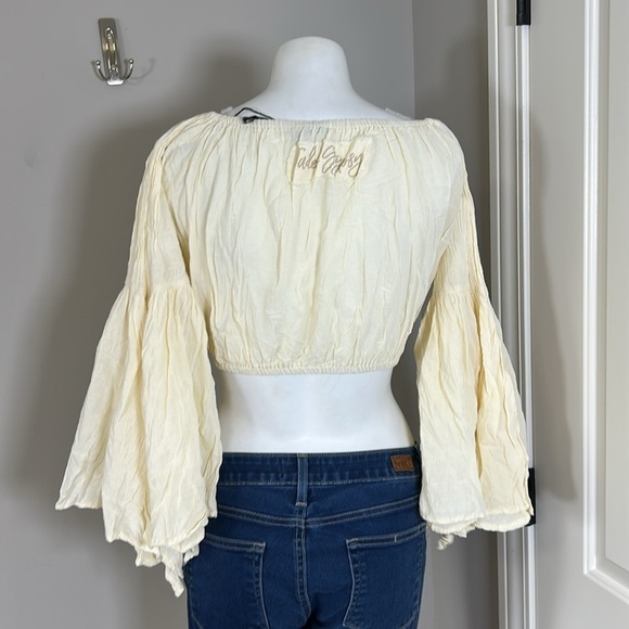 Jaded Gypsy Crop Top Cream Long Bell Sleeve Logo Back Boho One Size NEW - Picture 5 of 8